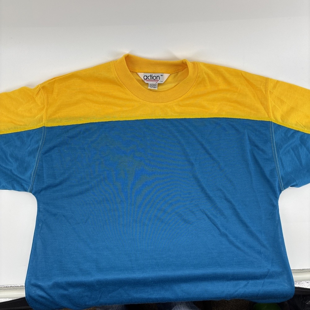 Vintage 80's Action Single Stitch 3/4 Sleeve Tee Blue And Yellow Size Medium